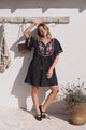 Azalea 1/2 Sleeve Mini Dress - Floral Embroidered Motif Shift Dress in Black