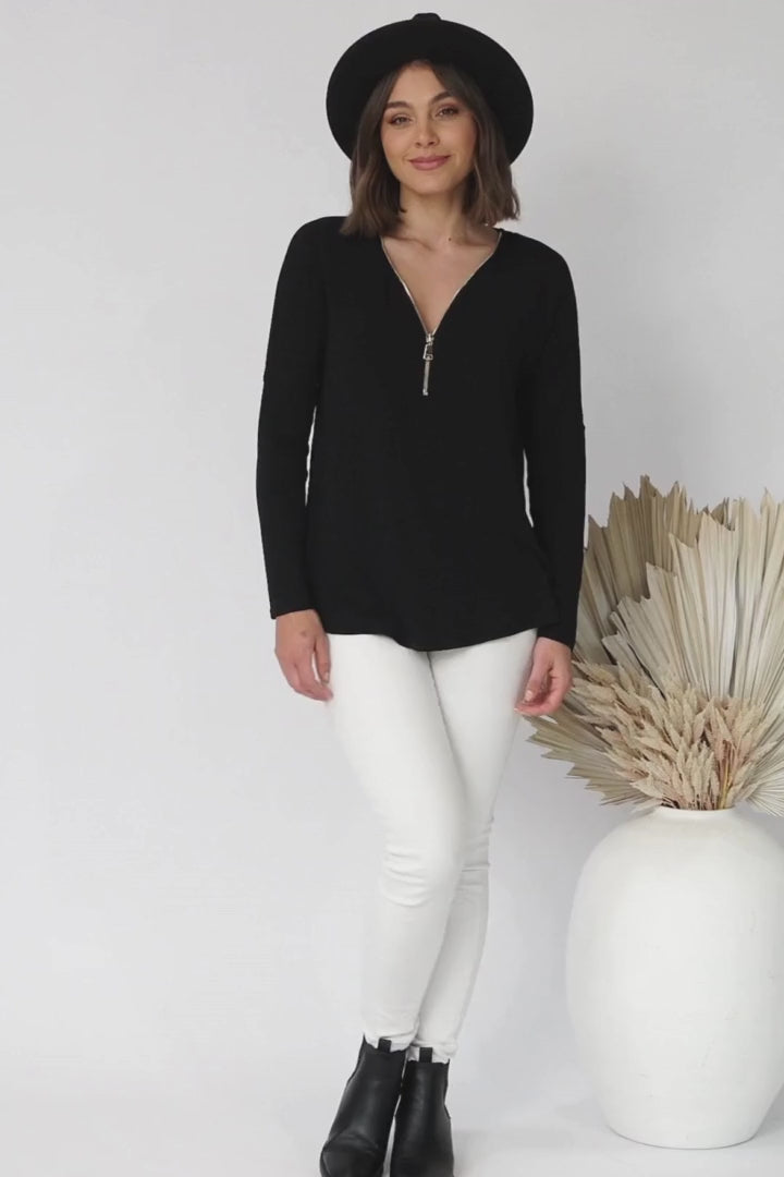 Cecile Top - Zipper Detail V Neck Top in Black