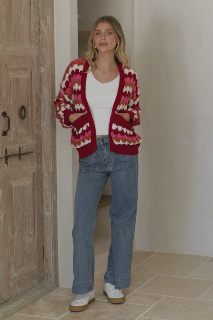 Avery Cardigan - Open Front Bubble Knit with Pockets in Red Multi