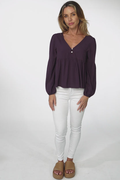 Grace Top - V-Neck Button Decal Long Sleeve Smock Top in Purple
