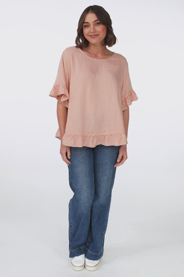 Beca Top - Rick Rack Splicing Pull Over Smock Top in Blush