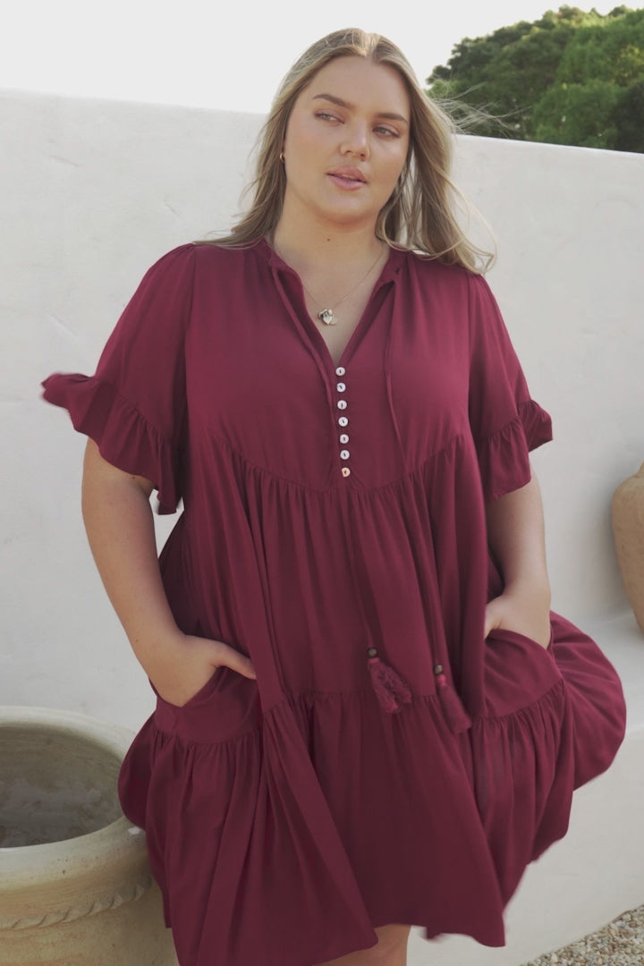 Monique Mini Dress - Mandarin Collar Smock Dress in Wine