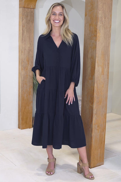 Zaraha Midi Dress - Folded Collar Button Down Tiered Dress in Navy