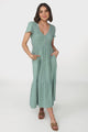 Stephan Midi Dress - Cap Sleeve Tortoiseshell Button-Down Tiered Dress in Sage