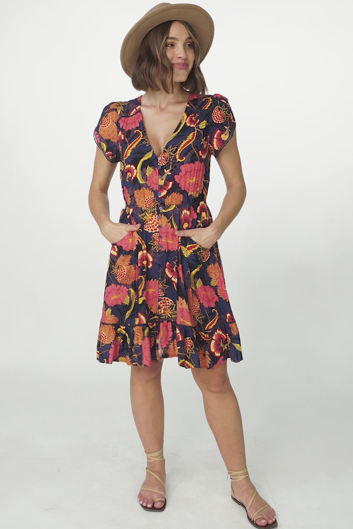 JAASE - Lizzie Mini Dress: Butterfly Cap Sleeve Button Down Dress with Pockets in Caviar Print