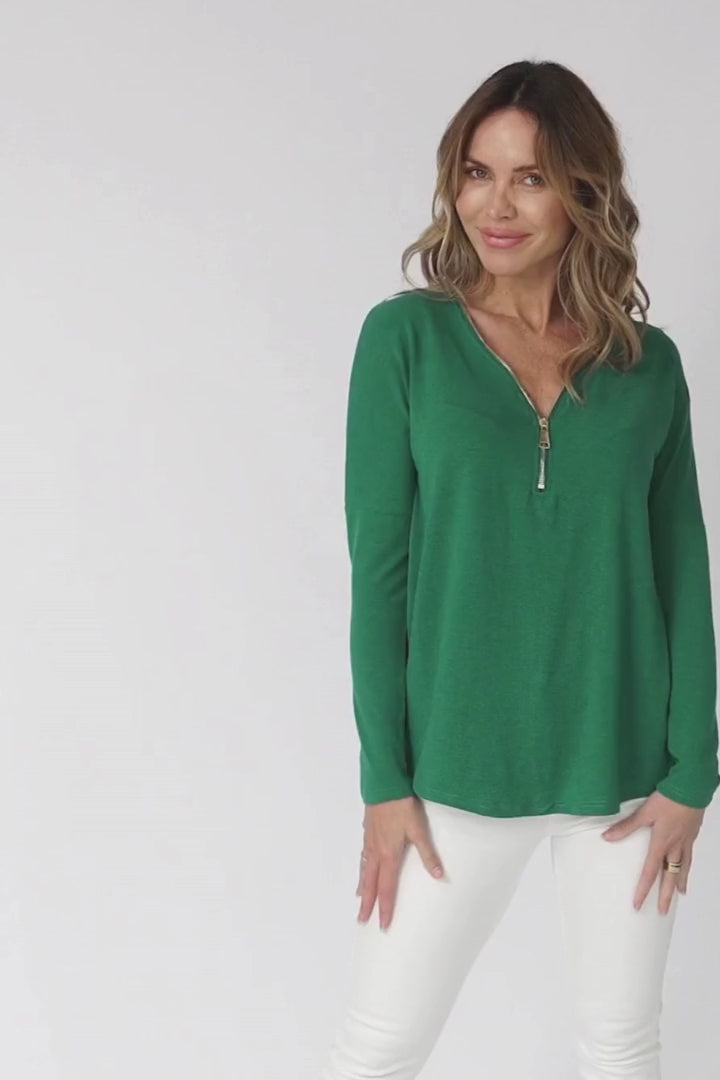 Cecile Top - Zipper Detail V Neck Top in Emerald