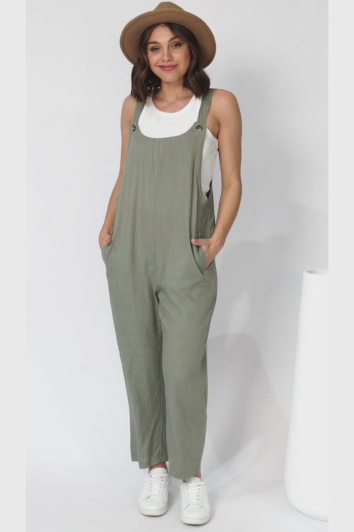 Tulum Jumpsuit - Linen Blend Overalls Pockets in Khaki