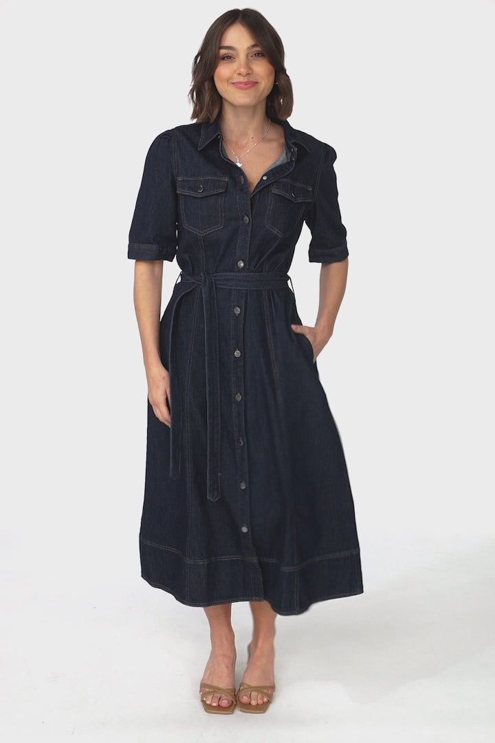 Candice Denim Midi Dress - Short Sleeve Button-Down Dress with Belt in Indigo