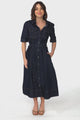 Candice Denim Midi Dress - Short Sleeve Button-Down Dress with Belt in Indigo