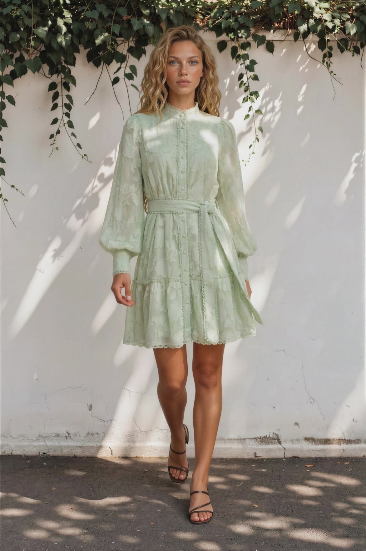 Plato Mini Dress -Textured Floral Dress with High Neck in Pistachio