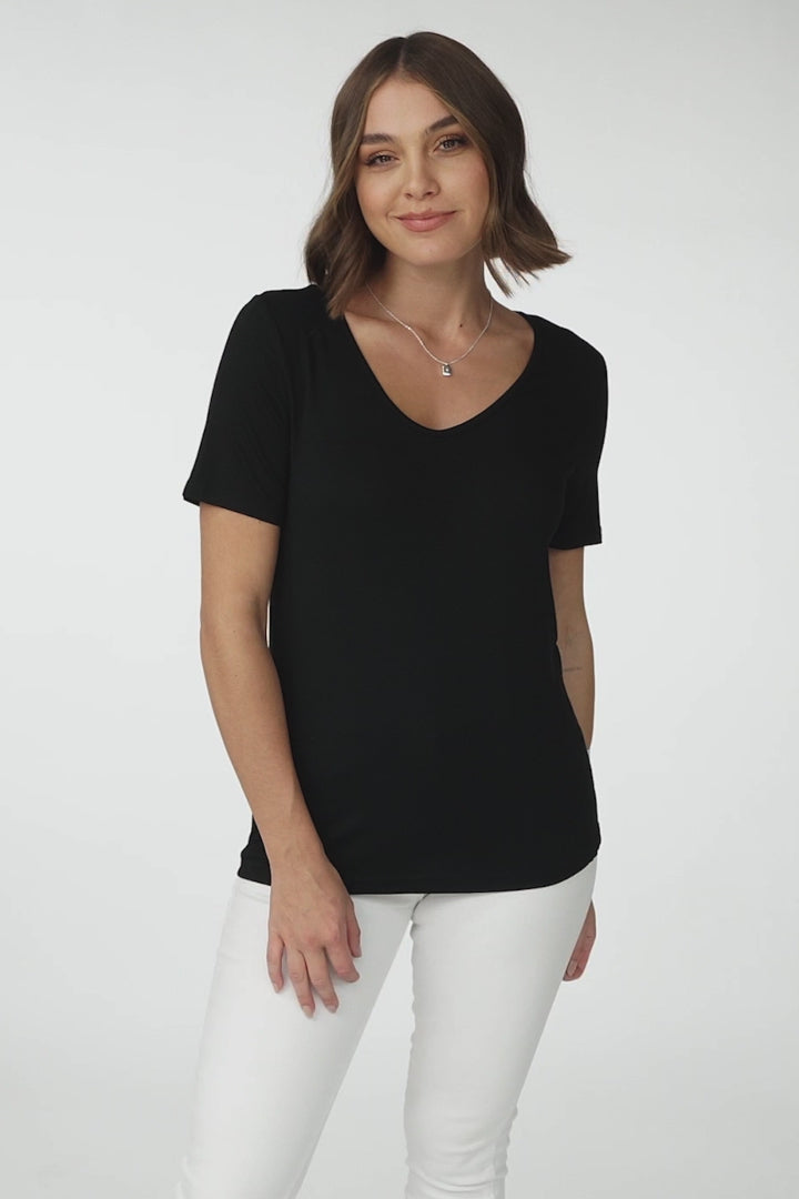 Mia T-Shirt - Soft V Neck Stretchy Tee in Black