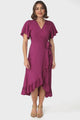 Carolina Midi Dress - V Neck Wrap Dress with Ruffle High Low Hemline in Purple