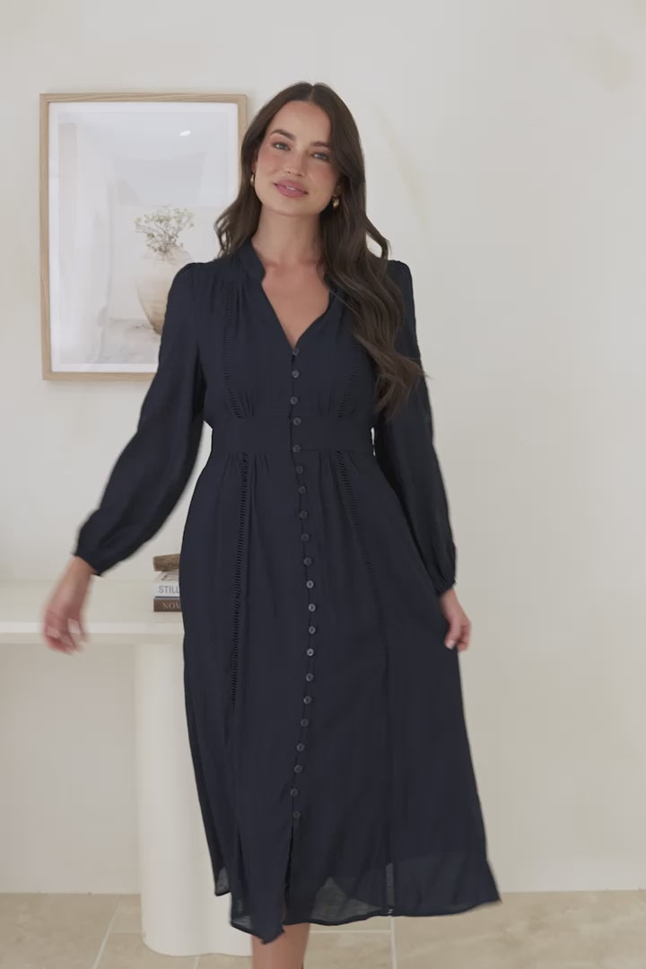 Aylon Midi Dress - Delicately Detailed Mandarin Collar Dress with Long Sleeves in Navy