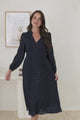 Aylon Midi Dress - Delicately Detailed Mandarin Collar Dress with Long Sleeves in Navy