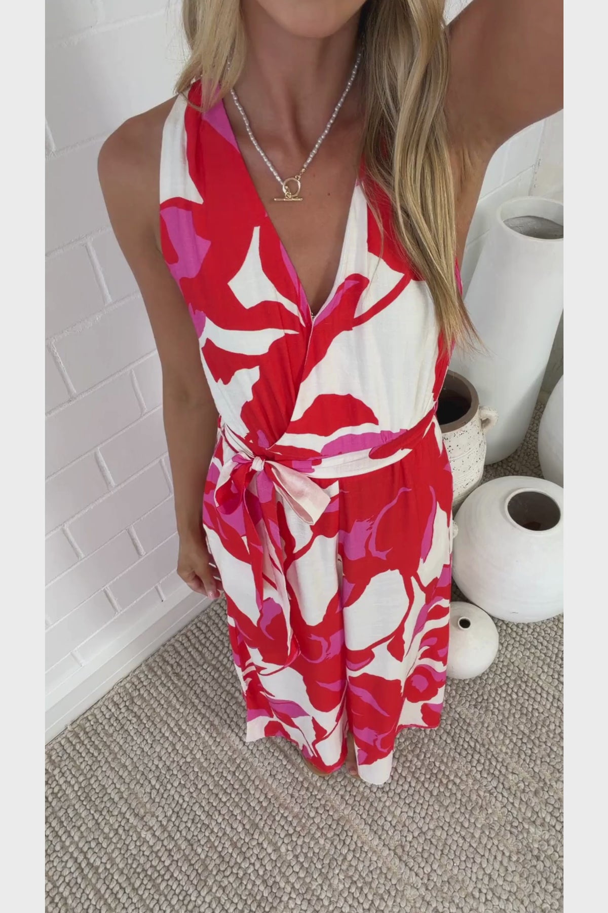 Lira Jumpsuit - V-Neck Wide Leg Pant Jumpsuit with Belt in Magnolia Print