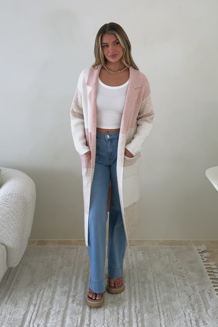 Cassidy Cardigan - Open Front Long Color Block Cardigan with Pockets in Pink