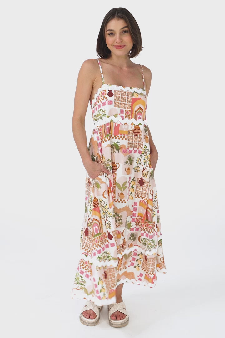 Marlin Midi Dress - Rick Rack Splicing Sun Dress with Adjustable Straps in Baroa Print