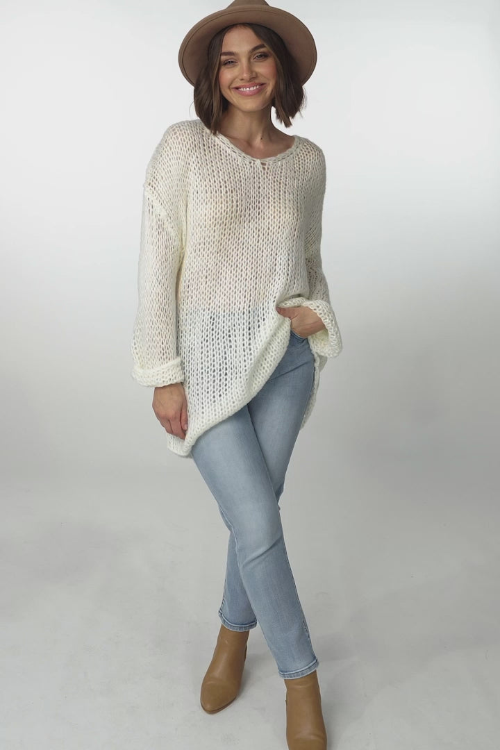 Connie Jumper - Open Knit V Neck Jumper in Cream