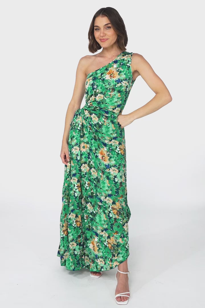 Kaia Maxi Dress - One Shoulder Dress with Side Cut Out in Keanu Print Green