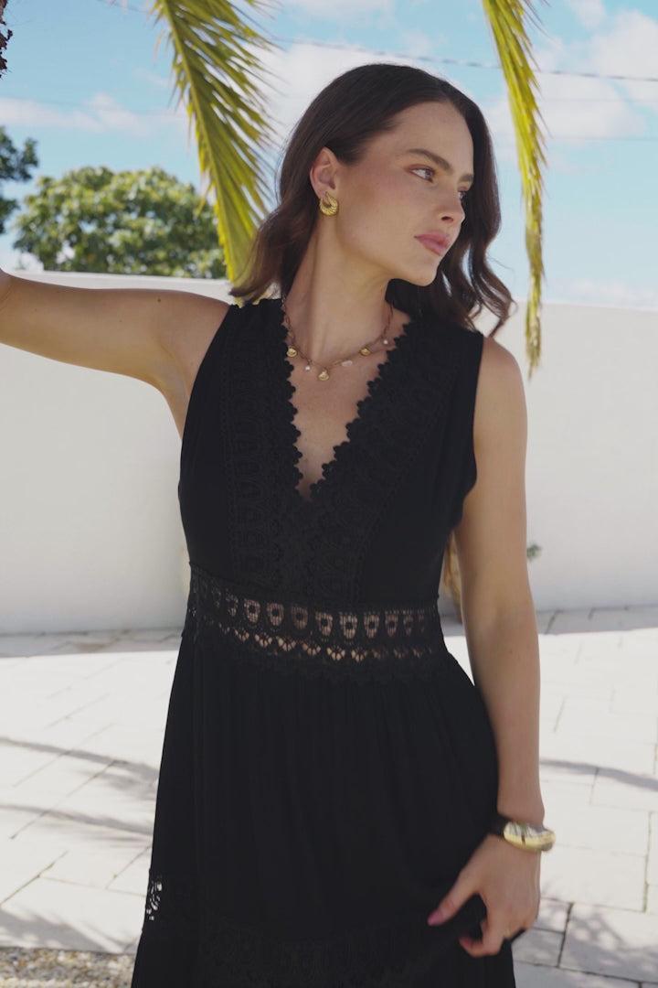 Cassia Maxi Dress - Lace Trim V-Neck Sleeveless with Lace Splicing Dress in Black