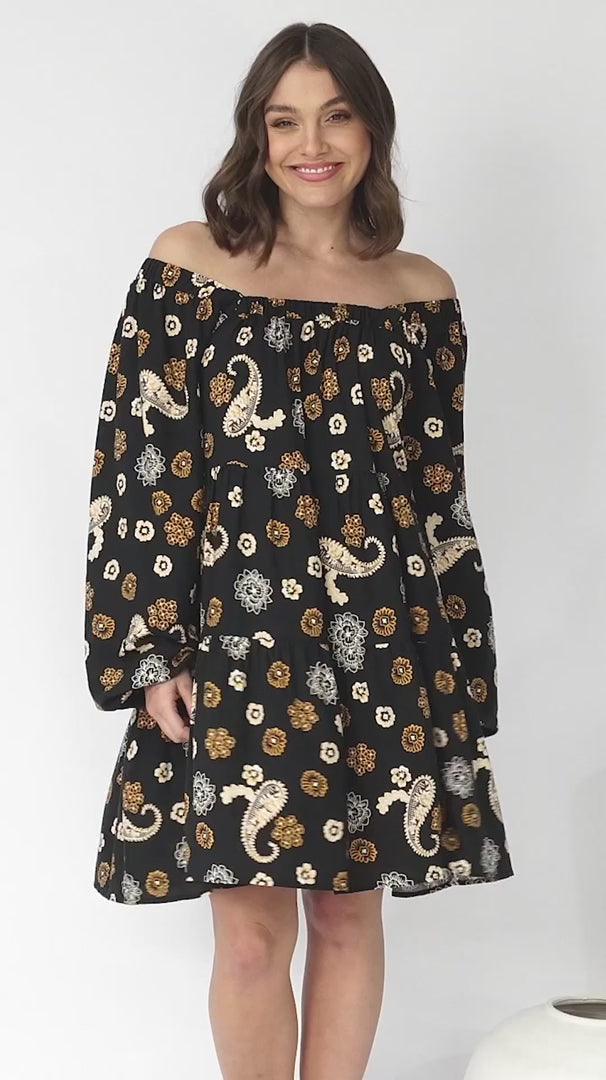 Finnie Mini Dress - On or Off Shoulder Long Sleeve Smock Dress in Paisley Print