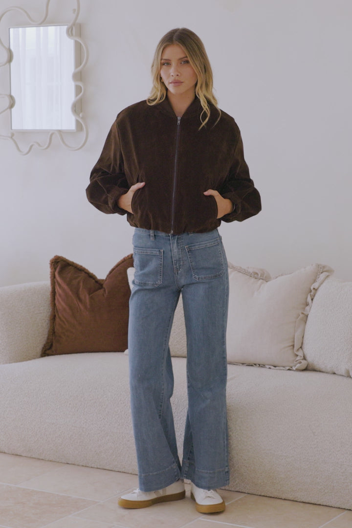 Lowry Jacket - Faux Suede Bomber Jacket with Pockets in Brown