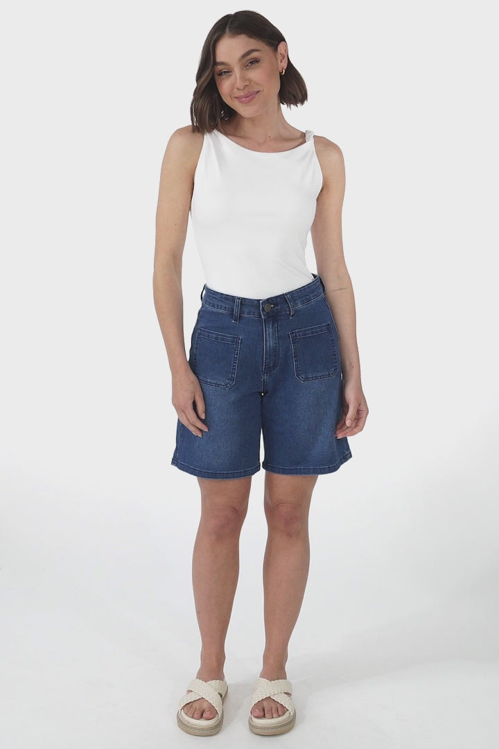 Murray Denim Shorts - High Waisted Stretchy Denim Shorts in Dark Denim