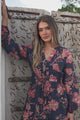 Ollie Mini Dress - Mandarin Collar Pull Tie Waist Dress with Balloon Sleeves and Pockets in Skye Print Navy