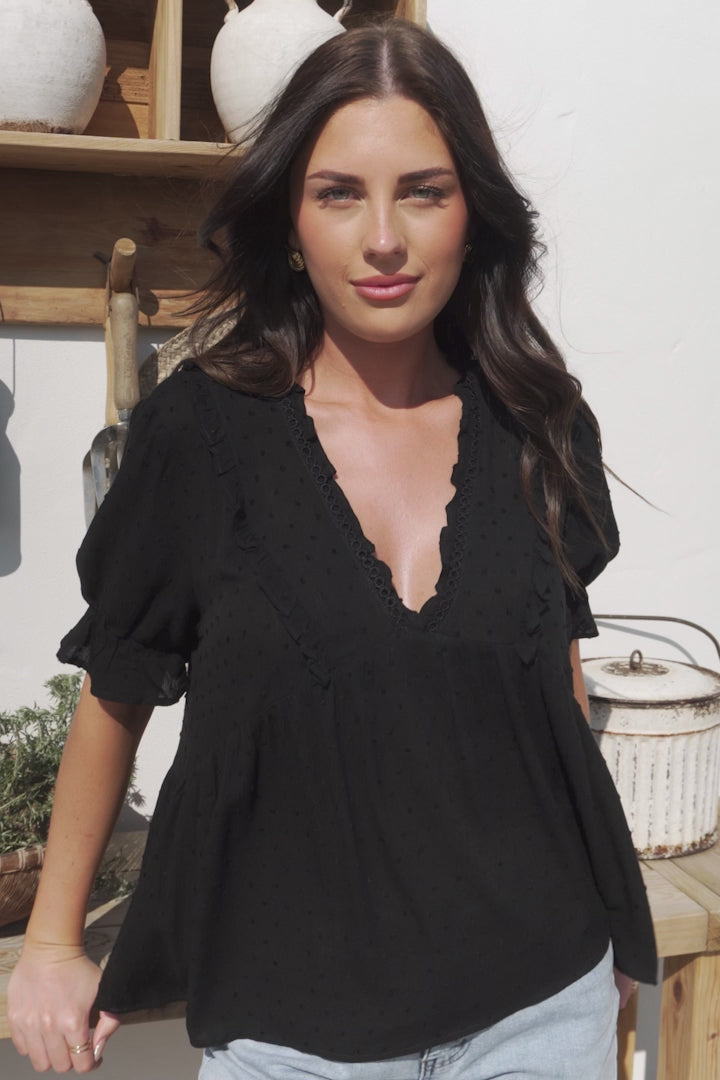 Catha Top - Frill Neckline Empire Bustline Top with Short Balloon Sleeves in Black
