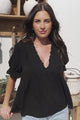 Catha Top - Frill Neckline Empire Bustline Top with Short Balloon Sleeves in Black