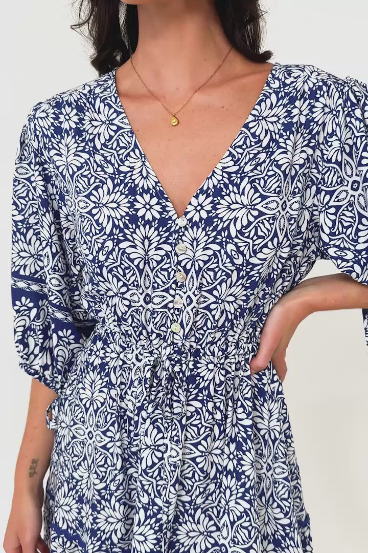 Baxter Maxi Dress - 3/4 Sleeve Tiered Dress with Ric Rac Splicing in Harley Print Blue