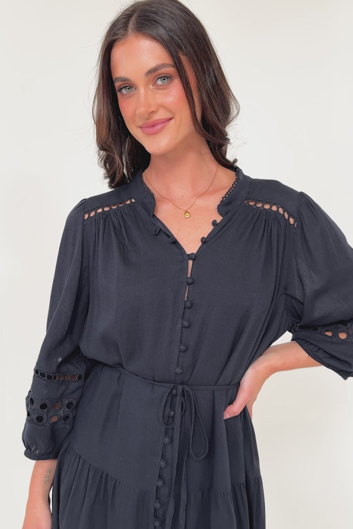 Alyce Mini Dress - Button Down Dress with Cut Out Detailed Sleeves and Matching Belt in Navy