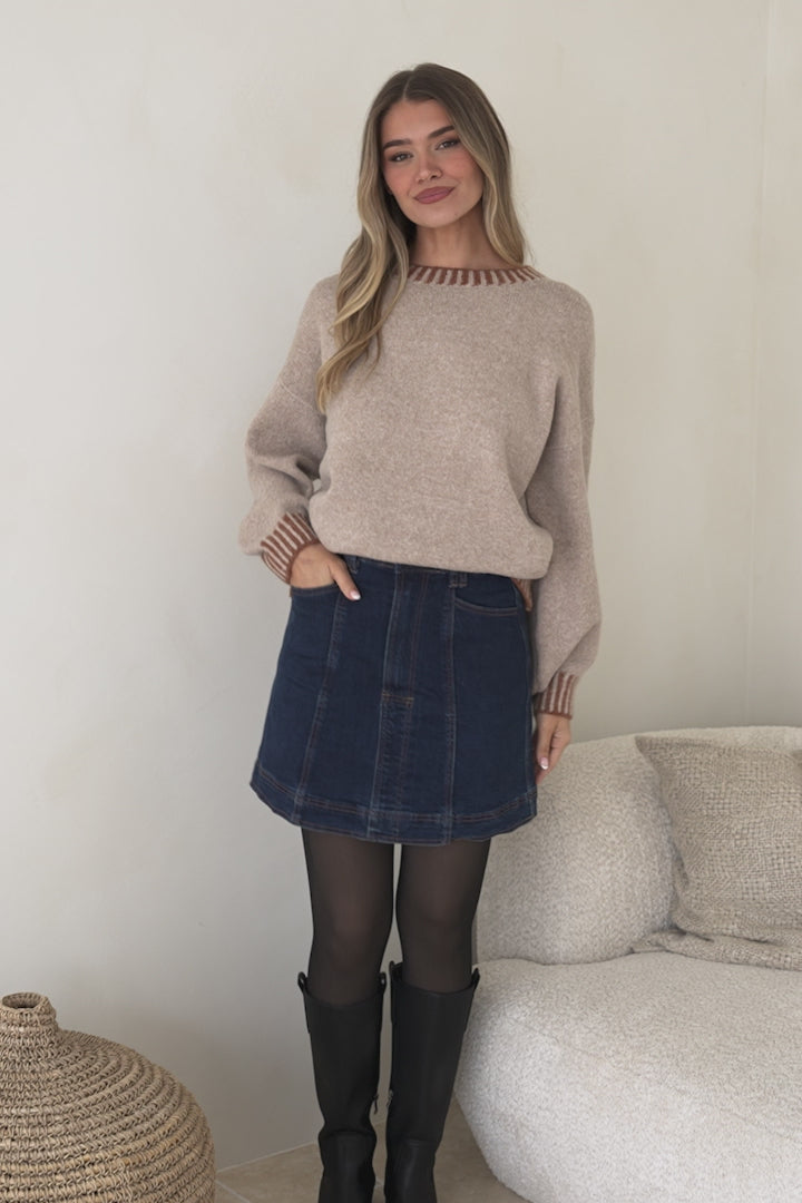 Aura Jumper - Crew Neck Jumper with Contrast Stripe Trim in Mocha