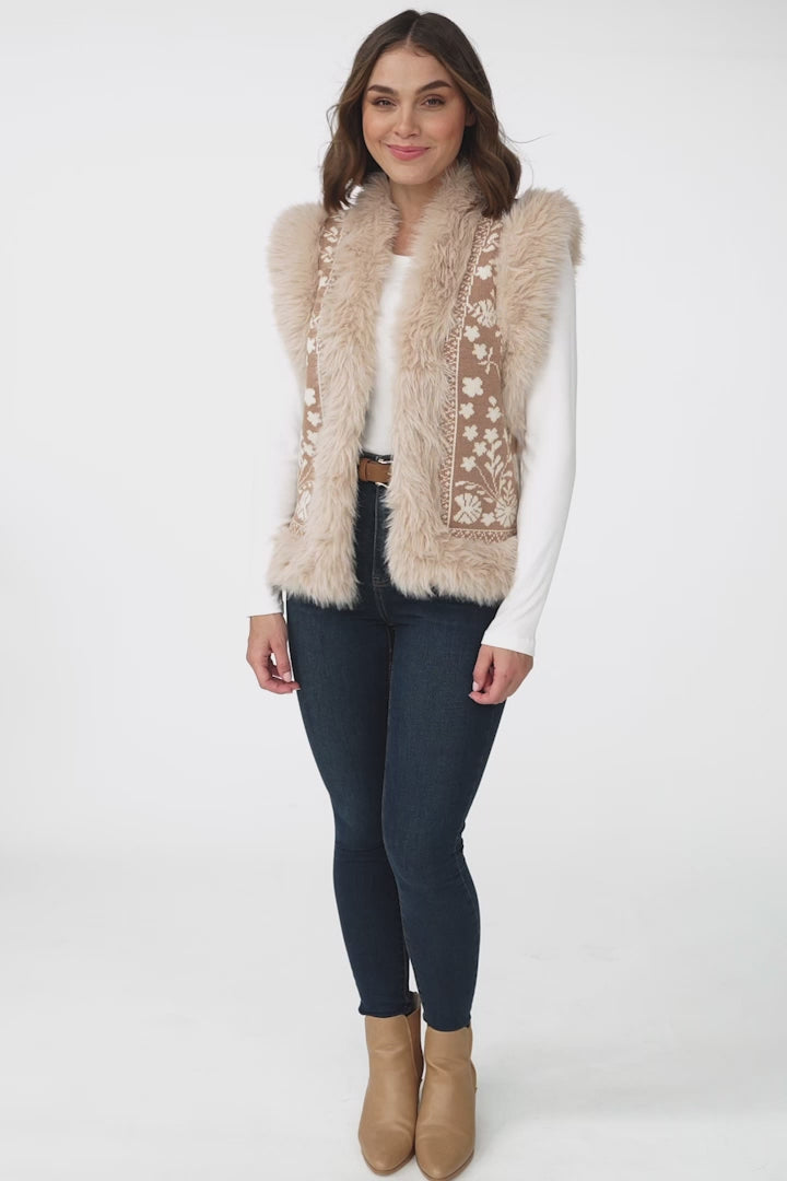 Wolfe Knit Vest - Faux Fur Trim Open Vest in Camel