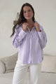 Denver Shirt - Wing Collar Button Down Striped Cotton Shirt with Scoop Hemline in Lilac