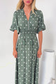 Jemina Maxi Dress - V-Neck Elasticated Waist A-Line Dress in Parisian Polka Print Khaki