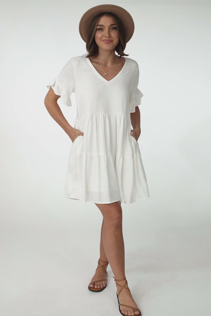 Audrina Mini Dress - Soft V Neck Tiered Dress with Short Sleeves and Frill Cuff in White