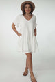 Audrina Mini Dress - Soft V Neck Tiered Dress with Short Sleeves and Frill Cuff in White
