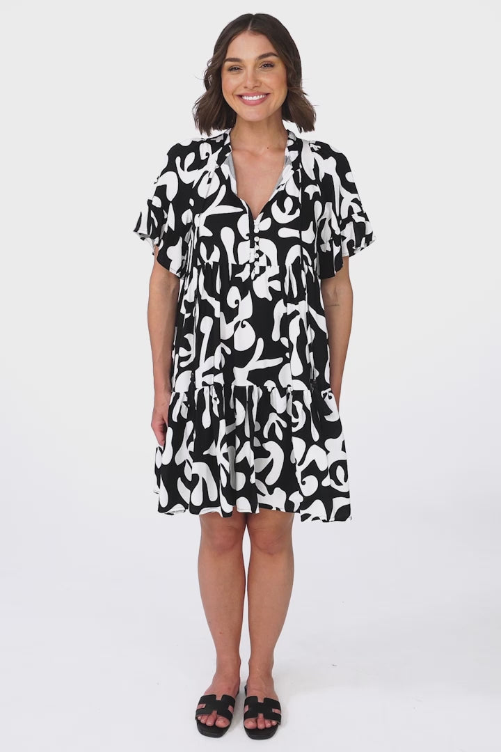 Abilia Mini Dress - Mandarin Collar Smock Dress in Jaxie Print Black