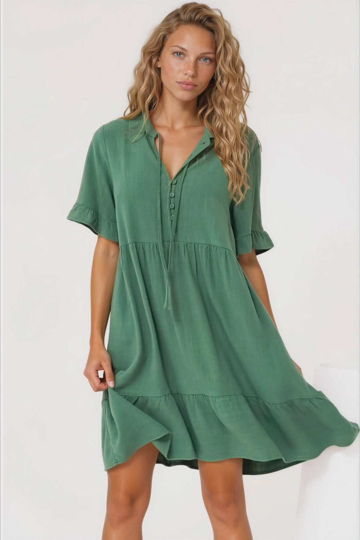 Madalena Mini Dress - Mandarin Collar Buttoned Bodice Smock Dress in Green