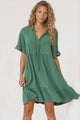 Madalena Mini Dress - Mandarin Collar Buttoned Bodice Smock Dress in Green