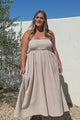 Asha Midi Dress - Constrast Stitch Shirred Elasticated Bodice Sun Dress in Beige