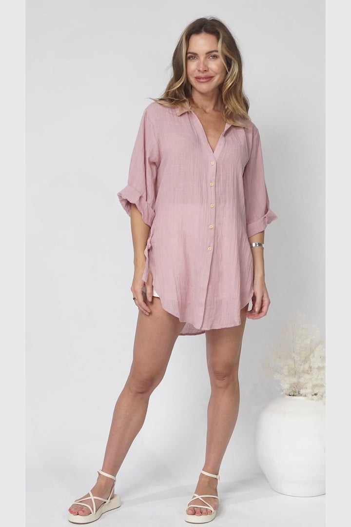 Beachly Shirt - Folded Collar Button Down Relaxed Shirt In Blush