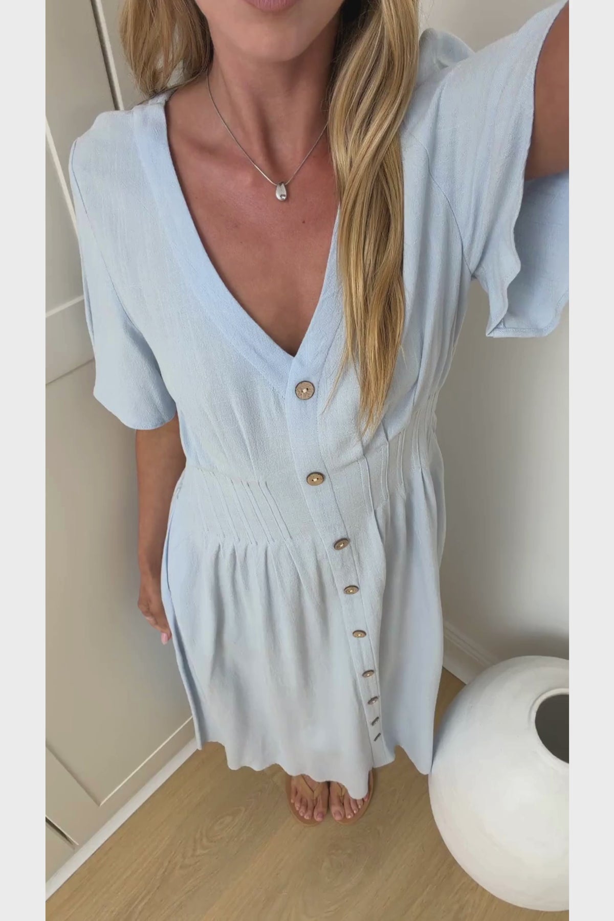 Cyan Midi Dress  - V Neckline Dress in Blue