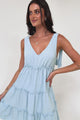 Lacy Mini Dress - Tie on Shoulder Strap Frill Splicing Tiered Sun Dress in Light Blue