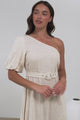 Penelope Midi Dress - Asymmetric One Shoulder Dress with Matching Belt in Oatmeal
