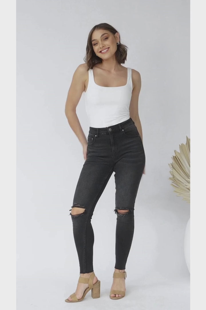 Joyce Jeans - Skinny Leg Ripped Knee Jeans in Charcoal