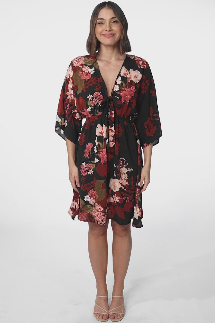 Zoe Mini Dress - Kimono Sleeve A-Line Dress with Bow at the Bust in Peta Print