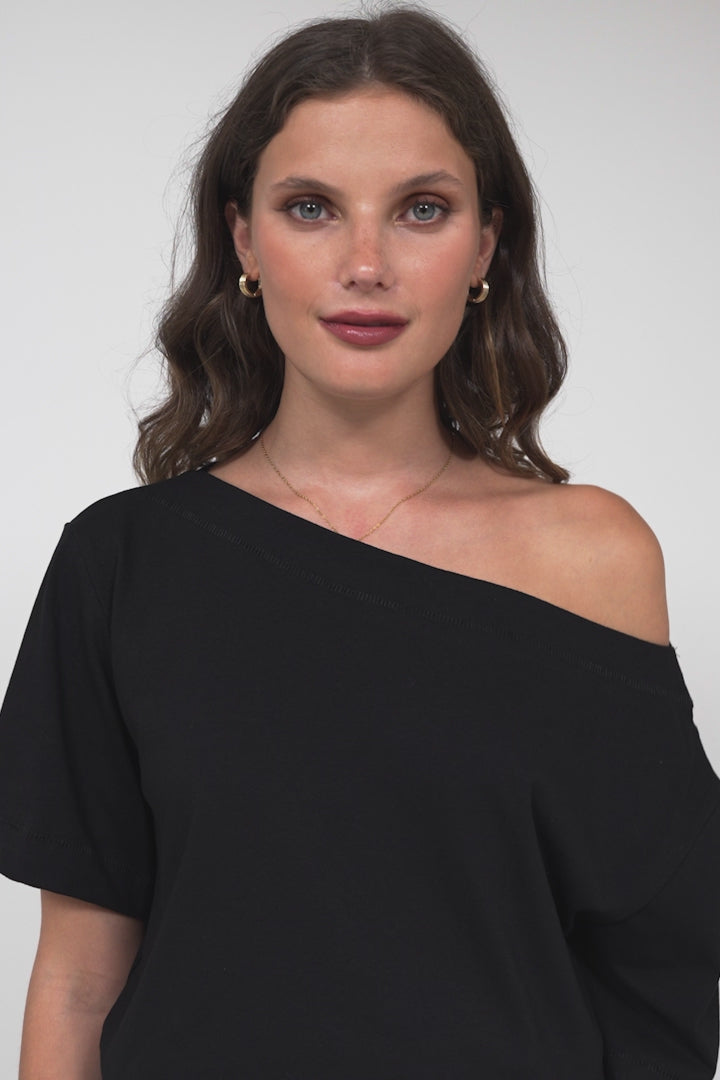 Dolce Top - Asymmetric Neckline Boxy Top with Side Split in Black