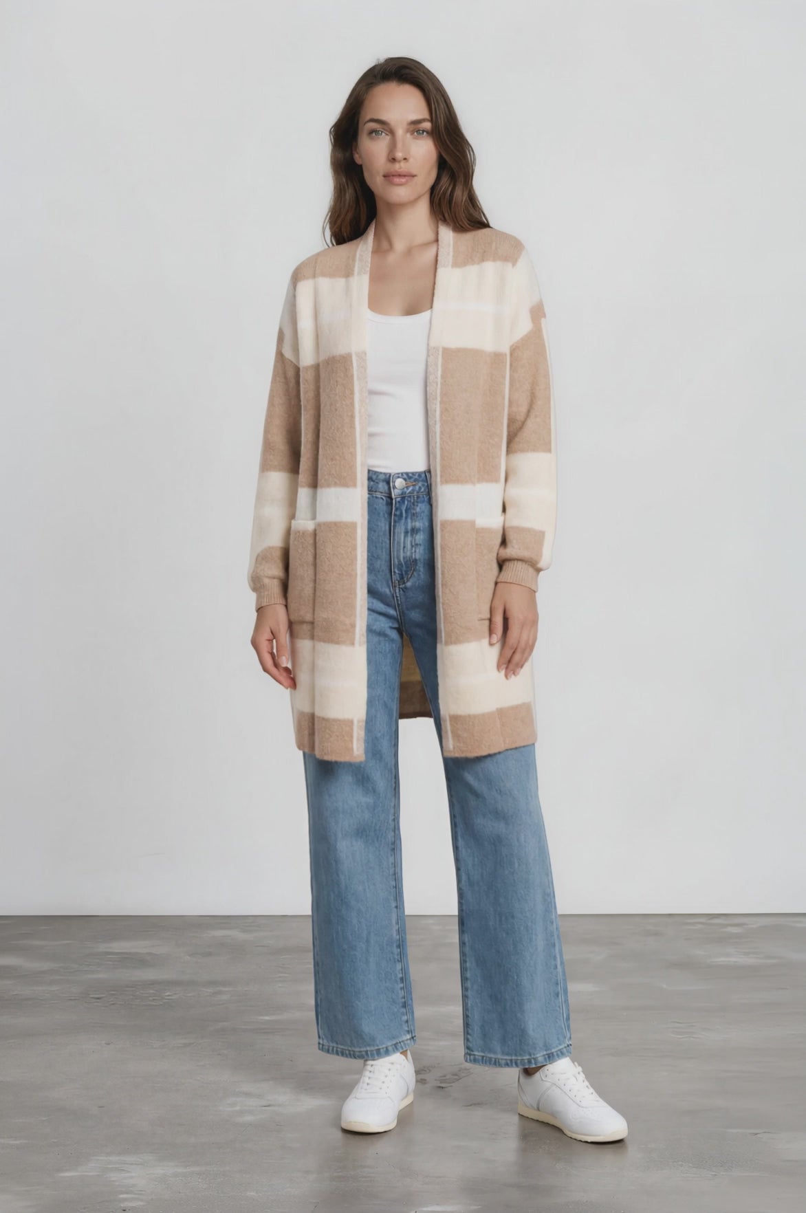Heath Cardigan - Shawl Collar Open Front Checkered Cardigan in Beige/Camel